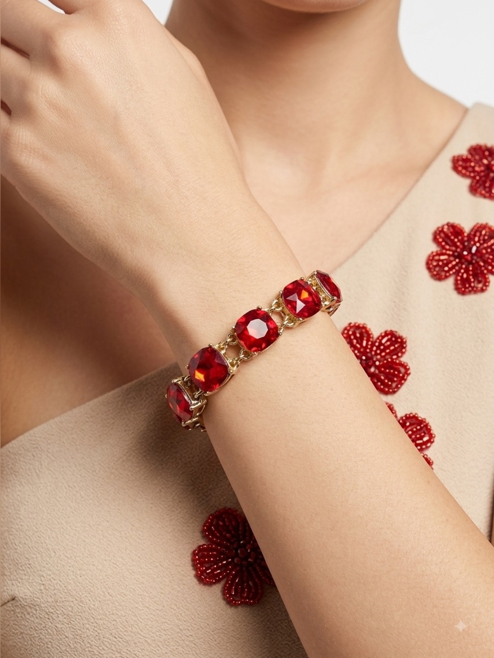 Cosmopolitan Gold Tone Red Crystal Bracelet | Cushion Cut Toggle Clasp